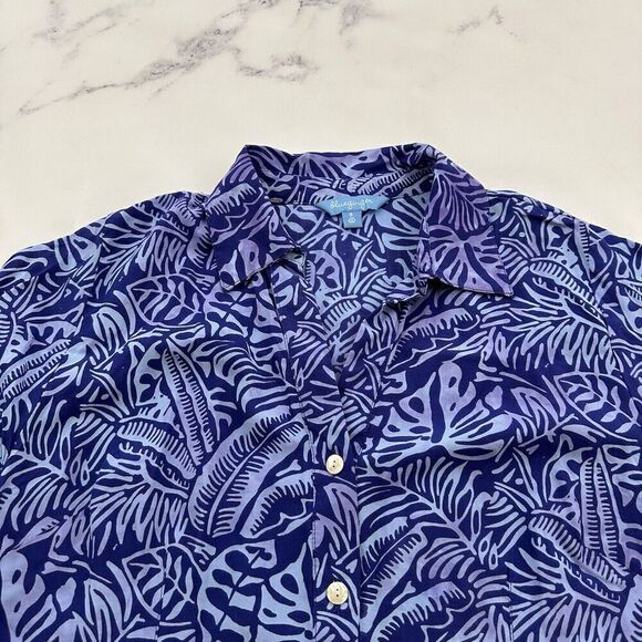 Blue Ginger Womens Button Up Blouse Top Size S Purple Tropical Leaf Floral - Picture 2 of 12